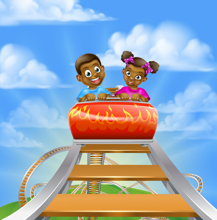 Cartoon kids riding on a roller coaster ride at a theme park or amusement parkのイラスト素材