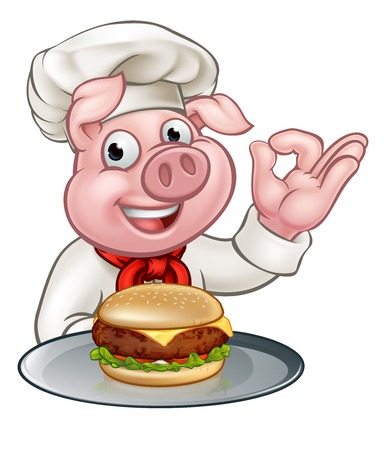 Pig Chef Holding Burger Cartoon Characterのイラスト素材
