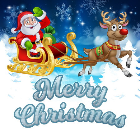 Santa Claus in his sleigh pulled by reindeer with winter landscape background cartoon and Merry Christmas messageのイラスト素材