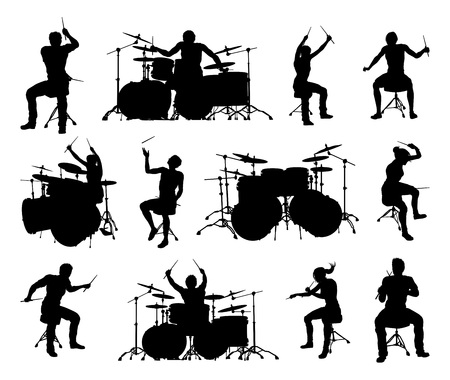 A set of high quality detailed drummer and drum kit musician silhouettesのイラスト素材