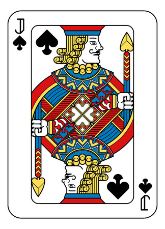 A playing card Jack of Spades in yellow, red, blue and black from a new modern original complete full deck design. Standard poker size.のイラスト素材