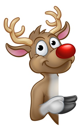 A reindeer Christmas red nosed cartoon character peeking around a sign and pointing at itのイラスト素材
