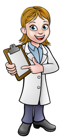 A cartoon scientist professor wearing lab white coat holding a clipboard and pointing at itのイラスト素材