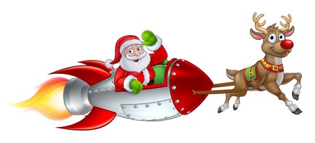 Santa Claus Christmas cartoon character riding in rocket ship sleigh pulled by a reindeerのイラスト素材