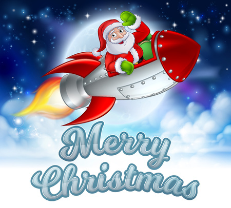 Santa Claus cartoon character in his space rocket sleigh flying over a winter moon with Merry Christmas messageのイラスト素材