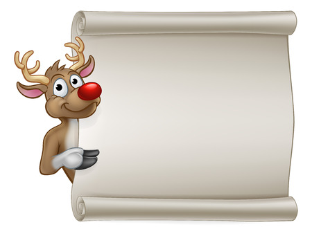 Santas Reindeer Christmas cartoon character peeking around and pointing at a scroll banner signのイラスト素材