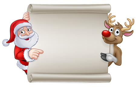 Santa Claus and his Reindeer Christmas cartoon characters peeking around and pointing at a scroll banner signのイラスト素材