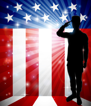 A patriotic soldier standing saluting in front of an American flag background with copy spaceのイラスト素材