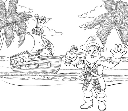 A cartoon pirate on a beach holding a treasure map with his ship in the background childrens coloring page illustrationのイラスト素材