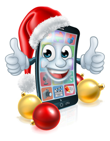 A cell or mobile phone Christmas mascot cartoon character giving a double thumbs up with a Santa Claus hat on. With gold and red bauble balls ornament decorationsのイラスト素材