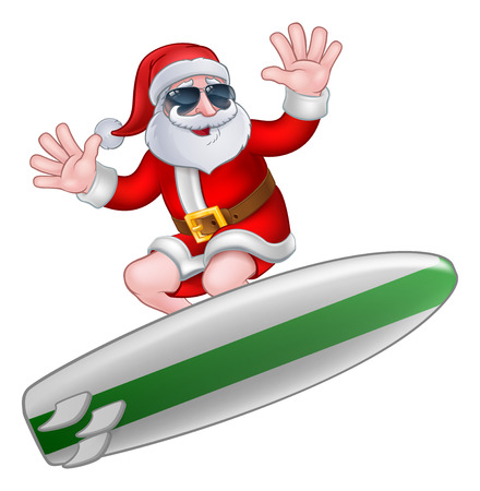Cool Santa Claus surfing on his board in shades or sunglasses Christmas cartoon illustrationのイラスト素材