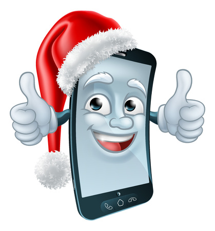 A cell or mobile phone Christmas mascot cartoon character with a Santa Claus hat on giving a double thumbs upのイラスト素材