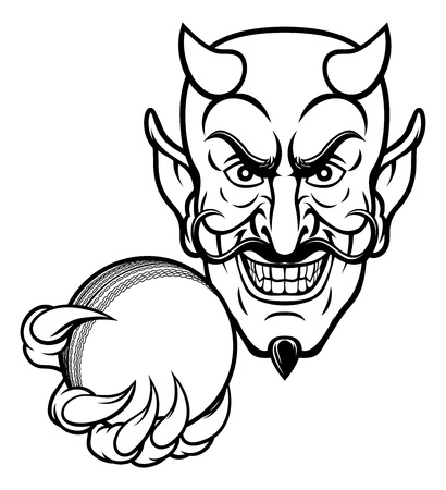 A devil cartoon character sports mascot holding a cricket ballのイラスト素材