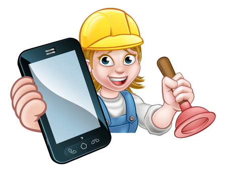A plumber or handyman holding a plunger and phone with copyspaceのイラスト素材