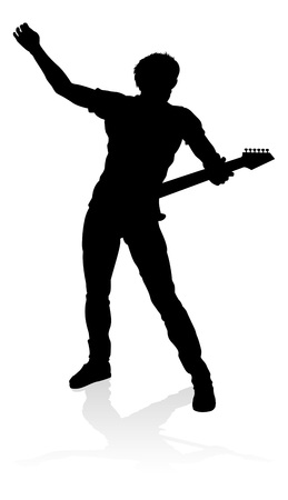 A guitarist musician in detailed silhouette playing his guitar musical instrument.のイラスト素材