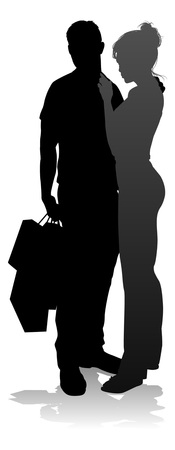 People silhouette of a young man and woman, probably a couple or husband and wife shopping holding retail bagsのイラスト素材