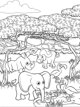 A safari cartoon cute animal background African savannah landscape coloring outline scene.のイラスト素材
