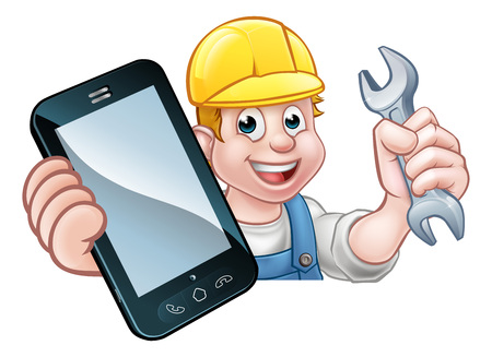 A plumber, mechanic or handyman holding a spanner and phone with copyspaceのイラスト素材