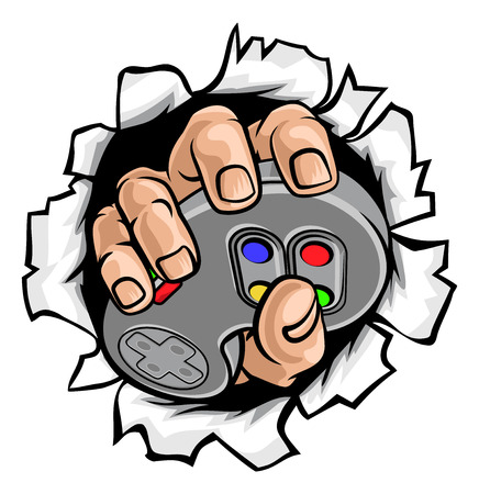 Gamer Hand and Video Game Controller Breaking Wallのイラスト素材
