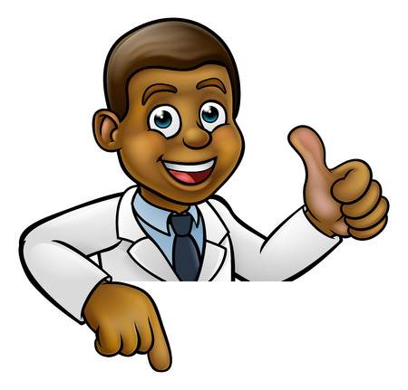 A cartoon scientist professor or doctor wearing lab white coat peeking above sign pointing and giving a thumbs upのイラスト素材