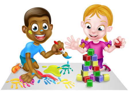Cartoon boy and girl playing with toys, with paints and toy building blocksのイラスト素材