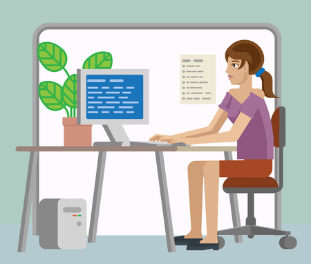 Woman Working at Desk In Office Cartoonのイラスト素材