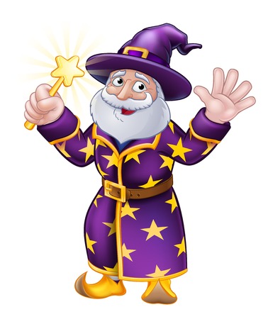 A wizard merlin magician Halloween cartoon character wavingのイラスト素材