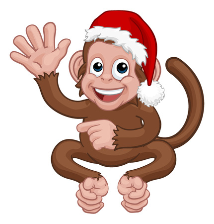 Christmas Monkey Cartoon Character in Santa Hatのイラスト素材