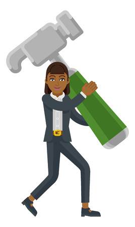 Asian Business Woman Holding Hammer Mascot Conceptのイラスト素材