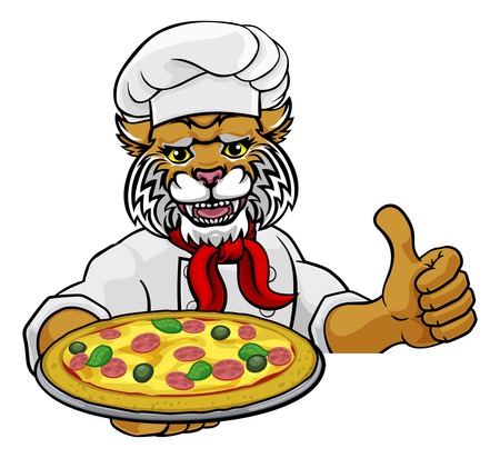 Wildcat Pizza Chef Cartoon Restaurant Mascot Signのイラスト素材