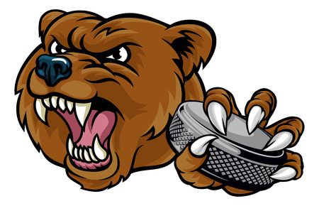 A bear ice hockey player animal sports mascot holding a hockey puckのイラスト素材