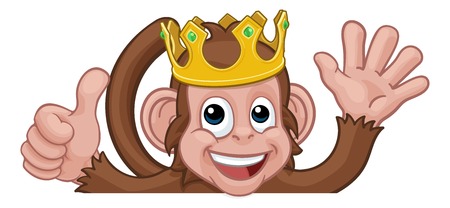A monkey king cartoon character animal wearing a crown peeking over a sign and waving giving a thumbs upのイラスト素材