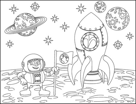 Rocket astronaut and Planets Space Cartoon Sceneのイラスト素材