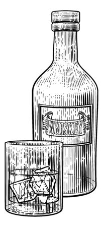 Whiskey Bottle and Glass with Ice Engraving Styleのイラスト素材