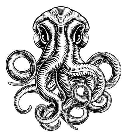 Octopus or Cthulhu Squid Monster Vintage Woodcutのイラスト素材