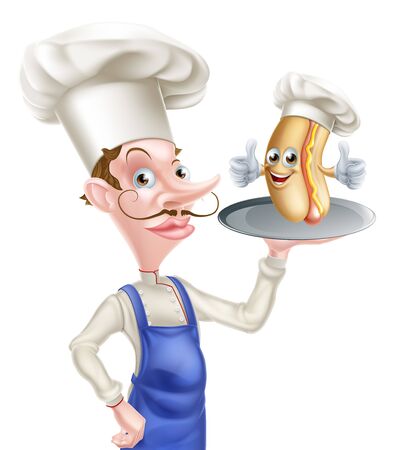 Cartoon Chef Holding Hot Dog on Trayのイラスト素材