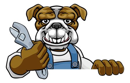A bulldog cartoon animal mascot plumber, mechanic or handyman builder construction maintenance contractor peeking around a sign holding a spanner or wrenchのイラスト素材
