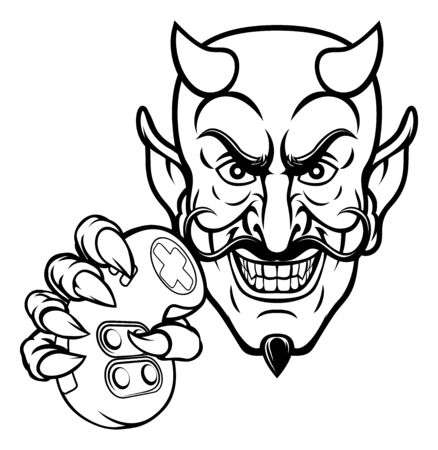A devil cartoon character player gamer esports sport mascot holding a video games controllerのイラスト素材