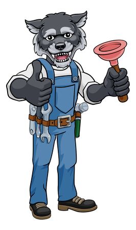 Wolf Plumber Cartoon Mascot Holding Plungerのイラスト素材