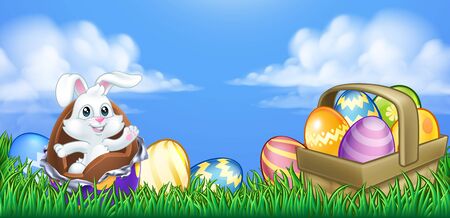 The Easter bunny rabbit breaking out of a chocolate Easter egg in an outdoor sceneのイラスト素材
