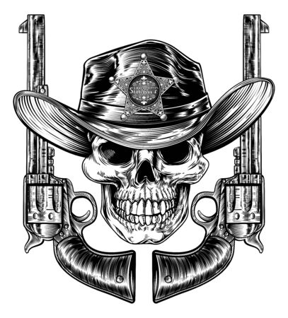 Cowboy grim reaper skull in western hat with star sheriff bagde drawing. In a vintage retro woodcut etched or engraved style with pair of pistols or hand gunsのイラスト素材