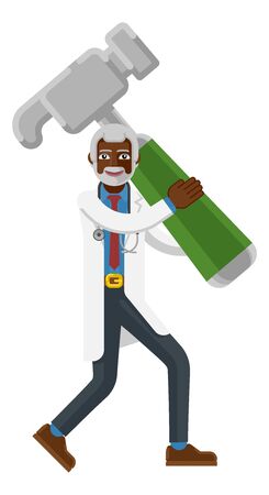 Mature Black Doctor Man Holding Hammer Mascotのイラスト素材