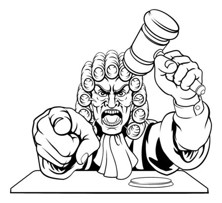 An angry judge cartoon character pointing and holding his gavel hammerのイラスト素材