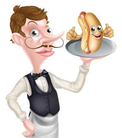 Cartoon Hotdog Mascot Waiterのイラスト素材