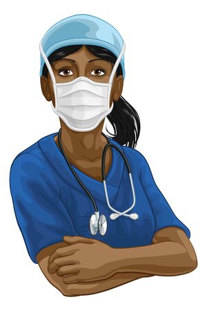 Doctor or Nurse Woman in Medical Scrubs and PPEのイラスト素材