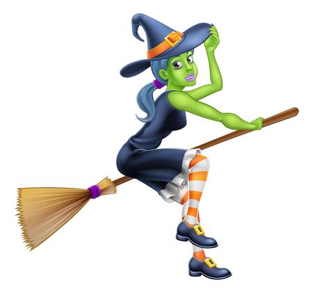 Witch Halloween Cartoon Character on a Broomstickのイラスト素材