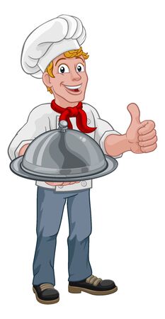 Chef Cook Man Cartoon Holding A Dome Trayのイラスト素材