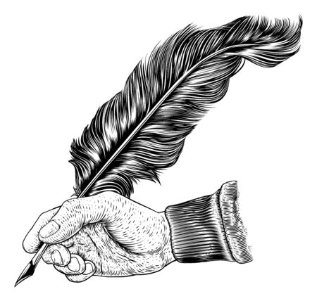A hand holding writing with a quill feather antique ink pen. In a retro vintage engraved or etched woodcut print style.のイラスト素材