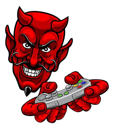 A devil or satan gamer mascot holding video game controller playing games cartoon characterのイラスト素材