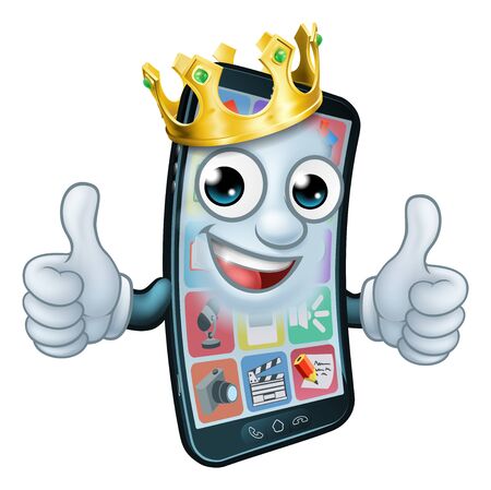 A mobile phone cartoon character mascot wearing a gold king crown and giving a double thumbs up.のイラスト素材